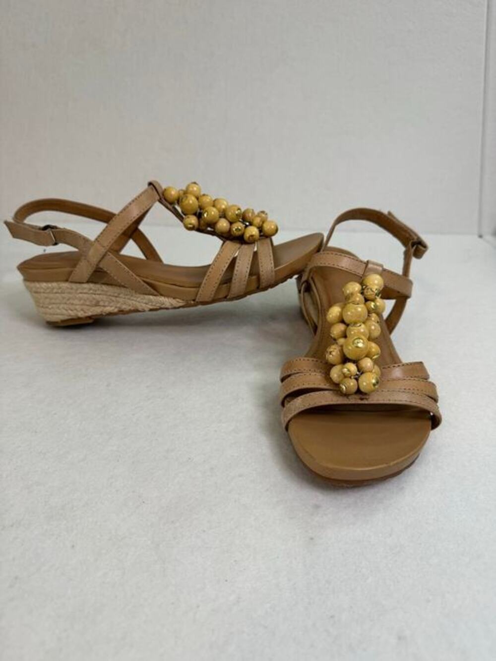Nurture by Lamaze New Wedge Espadrille Beaded Sandals Adjustable Leather Tan 7